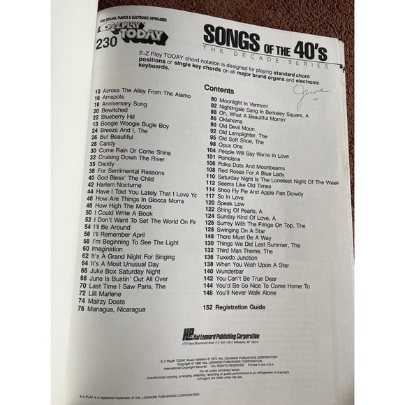 Songs of the 40s Sheet Music Book E-Z Play Beginner Organ Piano Keyboards Guitar - Picture 2 of 5